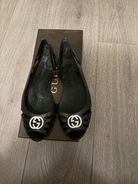 Gucci Black Jelly Peep-Toe Flats with White GG Logo